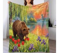 WXLWHR Brown Bear Fleece Throw Blanket for Couch Sofa Bed All Season Lakeside Grass Pattern Blanket Soft Warm Cozy Flannel for Wedding Anniversary 80x90inch(200x230cm)