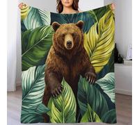 WXLWHR Brown Bear Fleece Throw Blanket for Couch Sofa Bed All Season Large Green Leaves Pattern Blanket Soft Warm Cozy Flannel Creative Gift for Women Girls Birthday 80x90inch(200x230cm)