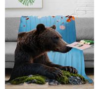 WXLWHR Brown Bear Fleece Throw Blanket for Couch Sofa Bed All Season Moss Leaves Print Blanket Fluffy Soft Cozy Flannel Gifts for Her Or Him 60x80inch(150x200cm)