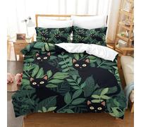 WXLWHR Cat Duvet Cover Set Soft Polyester 3 Piece Bedding Set Black Cat Green Leaves Comforter Cover with Pillow Cases For Teenage Boys Double（200x200cm）