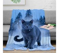 WXLWHR Chartreux Cat Fleece Throw Blanket for Couch Sofa Bed All Season Snowy Woods Print Blanket Fluffy Soft Cozy Flannel Creative Gift for Couple Wife Husband 80x90inch(200x230cm)