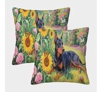 WXLWHR Cushion Cases Doberman Pinscher Sunflowers Throw Pillow Cover Polyester Set of 2 Home Decorations for Livingroom, Couch, Sofa 45x45cm