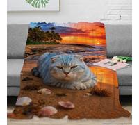 WXLWHR Cute Cat Fleece Throw Blanket for Couch Sofa Bed All Season Sunset Beach Print Blanket Fluffy Soft Cozy Flannel for Her Or Him 70x80inch(180x200cm)