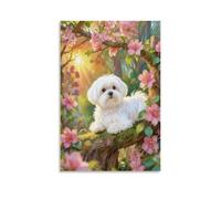 WXLWHR Cute Puppy Canvas Wall Art Pink Flowers Canvas Painting Modern Artwork for Living Room Bedroom Home Office Home Decor Gift 20x30inch(50x75cm)