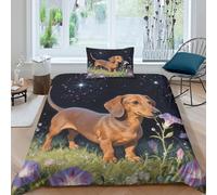 WXLWHR Dachshund Duvet Cover Sets Ultra Soft Microfiber 3 Piece 3D Printed Bedding Set Dachshund Flowers Duvet Cover with Pillowcase For Teenage Boys Single（135x200cm）