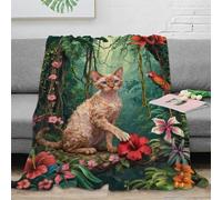 WXLWHR Devon Rex Cat Fleece Throw Blanket for Couch Sofa Bed All Season Jungle Flowers Print Blanket Fluffy Soft Cozy Flannel Unique Gift for Her Or Him 80x90inch(200x230cm)