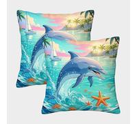 WXLWHR Dolphin Cushion Covers Set of 2, Dolphin Starfish Throw Pillow Covers Polyester Removable Decorative Square for Livingroom Couch Sofa 50x50cm