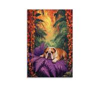 WXLWHR English Bulldog Canvas Wall Art Ferns Canvas Print Modern Decoration for Bedroom, Living Room, Or Kitchen 16x24inch(40x60cm)