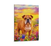 WXLWHR English Bulldog Canvas Wall Art Flower Bush Canvas Print Modern Decorations for Living Room Bedroom Home Office 16x24inch(40x60cm)