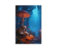 WXLWHR English Bulldog Canvas Wall Art Mushroom Forest Canvas Print Modern Decoration for Living Room Home Office 08x12inch(20x30cm)