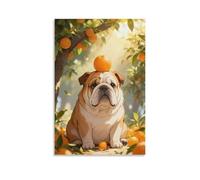 WXLWHR English Bulldog Canvas Wall Art Orange Tree Canvas Print Modern Decoration for Living Room Home Office 08x12inch(20x30cm)