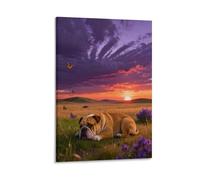 WXLWHR English Bulldog Canvas Wall Art Sunrise Meadow Canvas Print Modern Wall Decor for Living Room Home Office 08x12inch(20x30cm)