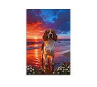 WXLWHR English Cocker Spaniel Canvas Wall Art Sunset Coast Canvas Painting Modern Artwork for Living Room Home Office Home Decor Gift 12x18inch(30x45cm)
