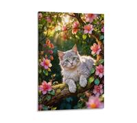 WXLWHR European Shorthair Cat Canvas Wall Art Flower Tree Canvas Painting Artwork for Home Office Bedroom Decor Gift 20x30inch(50x75cm)