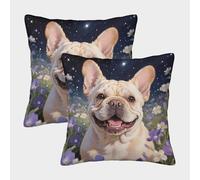 WXLWHR French Bulldog Cushion Covers Set of 2, French Bulldog Flowers Throw Pillow Case Polyester Zippered Decorative Square for Livingroom Couch Bed Sofa 40x40cm
