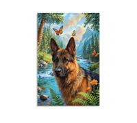 WXLWHR German Shepherd Canvas Wall Art Forest Stream Canvas Painting Modern Artwork for Living Room Home Office Decor Gift 08x12inch(20x30cm)