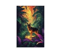 WXLWHR German Shepherd Canvas Wall Art Jungle Ferns Canvas Painting Modern Artwork for Living Room Home Office Decorations Gift 08x12inch(20x30cm)