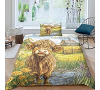 WXLWHR Highland Cattle Duvet Cover Sets Soft Microfiber 3 Piece 3D Printed Bedding Sets Highland Cow Farm Flowers Quilt Covers with Pillowcase for Kids Boys Teens Single(135x200cm)