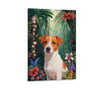 WXLWHR Jack Russell Terrier Canvas Wall Art Jungle Flower Canvas Painting Modern Artwork for Living Room Bedroom Home Office Home Decor Gift 16x24inch(40x60cm)