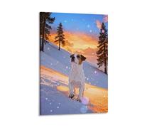 WXLWHR Jack Russell Terrier Canvas Wall Art Snowy Pine Tree Canvas Painting Modern Artwork for Living Room Home Office Decor Gift 08x12inch(20x30cm)