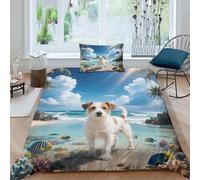WXLWHR Jack Russell Terrier Duvet Cover Set 3D Dog Seaside Print Bedding Set Soft Microfiber Comforter Cover with Hidden Zipper & Pillowcase for Teens And Adults Single（135x200cm）
