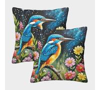 WXLWHR Kingfisher Cushion Covers Set of 2, Kingfisher Flower Sea Throw Pillowcase Polyester Zippered Decor Home for Livingroom Couch Bed Sofa 50x50cm