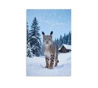 WXLWHR Lynx Canvas Wall Art Snowy Forest Cabin Canvas Painting Modern Artwork for Living Room And Bedroom Decor Gift 12x18inch(30x45cm)