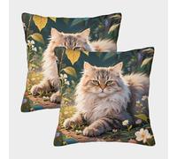 WXLWHR Maine Coon Cushion Covers Set of 2, Maine Coon Flowers Throw Pillow Case Polyester Zippered Square Decorative for Couch Sofa Bed Living Room Bedroom 50x50cm