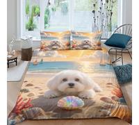 WXLWHR Maltese Duvet Cover Set 3D Dog Beach Sailboat Print Bedding Set Soft Microfiber Comforter Cover with Zipper & Pillowcase for Kids Adults King（220x240cm）