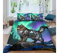 WXLWHR Norwegian Forest Cat Duvet Cover Set 3D Aurora Forest Design Bedding Sets Ultra Soft Microfiber Comforter Cover with Zipper & Pillowcase For Boys/Girls Kids Double（200x200cm）