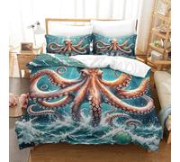 WXLWHR Octopus Duvet Cover Set Soft Polyester 3 Piece Bedding Set Giant Octopus Waves Comforter Cover with Pillow Cases for Teens And Adults Single（140x200cm）