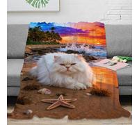 WXLWHR Persian Cat Fleece Throw Blanket for Couch Sofa Bed All Season Sunset Beach Print Blanket Fluffy Soft Cozy Flannel Gifts for Her Or Him 50x60inch(127x152cm)