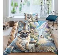 WXLWHR Pug Duvet Cover Set Soft Polyester 3 Piece 3D Printed Bedding Set Pug Cafe Duvet Cover with Pillowcase For Teenage Boys Single（135x200cm）