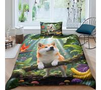 WXLWHR Shiba Inu Duvet Cover Set 3D Dog Tropical Jungle Print Bedding Set Soft Microfiber Duvet Cover with Zipper & Pillow Cases for Kids Adults Single（135x200cm）