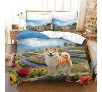 WXLWHR Shiba Inu Duvet Cover Set 3D Flower Sea Print Bedding Set Soft Microfiber Comforter Cover with Zipper & Pillow Cases for Kids Boys Teens Single（140x200cm）