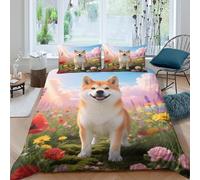WXLWHR Shiba Inu Duvet Cover Set 3D Flower Sea Print Bedding Set Soft Microfiber Duvet Cover with Zipper & Pillow Cases for Kids Adults Double（200x200cm）
