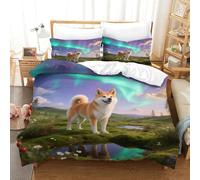 WXLWHR Shiba Inu Duvet Cover Set 3D Grassland Aurora Print Bedding Set Soft Microfiber Duvet Cover with Zipper & Pillow Cases for Kids Adults Super King（260x220cm）