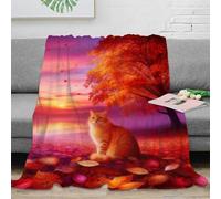 WXLWHR Shorthair Cat Fleece Throw Blanket for Couch Sofa Bed All Season Sunset Red Leaves Print Blanket Fluffy Soft Cozy Flannel Creative Gift for Her Or Him 40x50inch(100x130cm)