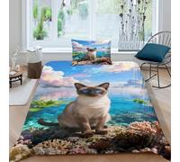 WXLWHR Siamese Cat Bedding Set Coral Lake Print Duvet Cover Set Soft Microfiber Duvet Cover with Zipper & Pillowcases for Kids Boys Teens Room Decor Single（135x200cm）