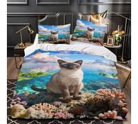 WXLWHR Siamese Cat Bedding Set Coral Lake Print Duvet Cover Set Soft Microfiber Duvet Cover with Zipper & Pillowcases for Kids Boys Teens Room Decor Super King（260x220cm）