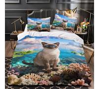 WXLWHR Siamese Cat Bedding Set Coral Lake Print Duvet Cover Set Soft Microfiber Duvet Cover with Zipper & Pillowcases for Small Bedrooms & Dorm King（220x240cm）