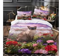 WXLWHR Siamese Cat Bedding Set Flower Sea Print Duvet Cover Set Soft Microfiber Duvet Cover with Zipper & Pillowcases Modern Home Decor Essential Super King（260x220cm）
