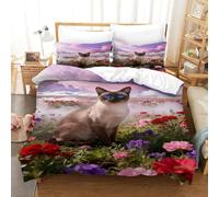 WXLWHR Siamese Cat Bedding Set Flower Sea Print Duvet Cover Set Soft Microfiber Duvet Cover with Zipper & Pillowcases for Girls Boys Teens Adults Double（200x200cm）