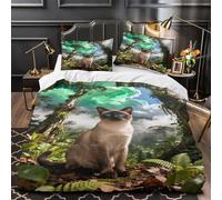 WXLWHR Siamese Cat Bedding Set Rainforest Print Duvet Cover Set Soft Microfiber Duvet Cover with Zipper & Pillowcases Hotel Quality Easy Care Super King（260x220cm）