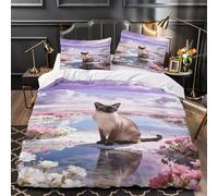 WXLWHR Siamese Cat Bedding Set Salt Lake Flower Sea Print Duvet Cover Set Soft Microfiber Duvet Cover with Zipper & Pillowcases Hotel Quality Easy Care Super King（260x220cm）