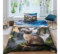 WXLWHR Siamese Cat Bedding Set Stone Forest Print Duvet Cover Set Soft Microfiber Duvet Cover with Zipper & Pillowcases for Kids Teens Adults Single（135x200cm）