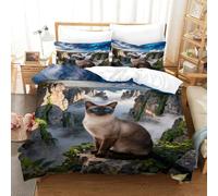 WXLWHR Siamese Cat Bedding Set Stone Forest Print Duvet Cover Set Soft Microfiber Duvet Cover with Zipper & Pillowcases Modern Home Decor Essential Double（200x200cm）