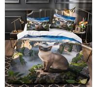 WXLWHR Siamese Cat Bedding Set Stone Forest Print Duvet Cover Set Soft Microfiber Duvet Cover with Zipper & Pillowcase Durable Easy to Wash Super King（260x220cm）