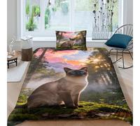 WXLWHR Siamese Cat Bedding Set Woods Print Duvet Cover Set Soft Microfiber Duvet Cover with Zipper & Pillowcases For Bedroom & Guest Room Single（135x200cm）