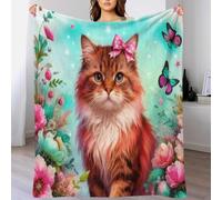 WXLWHR Siberian Forest Cat Fleece Throw Blanket for Couch Sofa Bed All Season Flowers Pattern Blanket Soft Warm Cozy Flannel Presents for Wedding Anniversary 40x50inch(100x130cm)